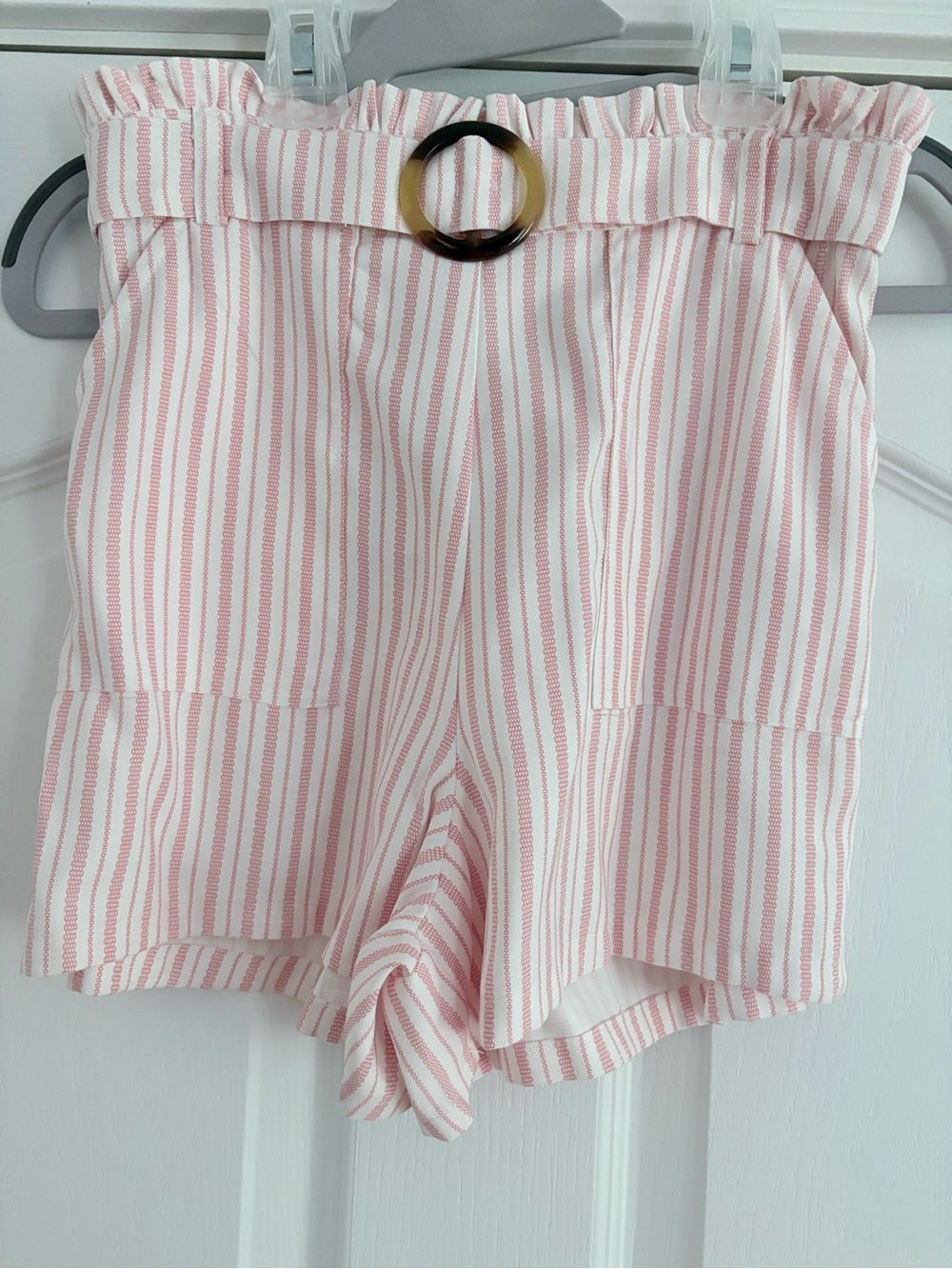 Striped Paperbag Waist Shorts with Tortoiseshell Ring For Teens - Pink/White